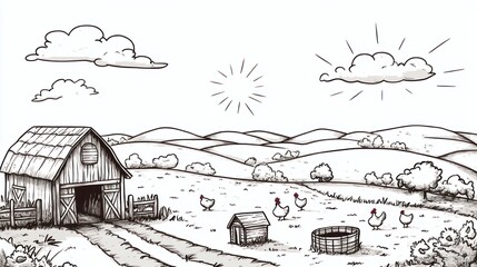 Hand drawn illustration of a rustic barn with chickens and a dog house in a field with rolling hills under a sunny sky.