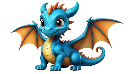 Fototapeta premium Adorable baby dragon, 3D render, blue scales, orange wings, friendly expression, fantasy creature, isolated on white background, perfect for children's books, games, and illustrations.