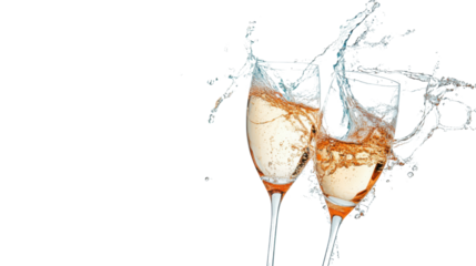 Two champagne flutes toasting and splashing on transparent background