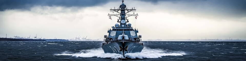 Warship Sailing Through Stormy Seas. Military Vessel, Arleigh Burke-Class Destroyer. Naval Warfare.