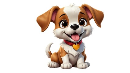 Adorable cartoon puppy, brown and white, sitting, wearing a red collar with a heart. Perfect for children's books, websites, and more.