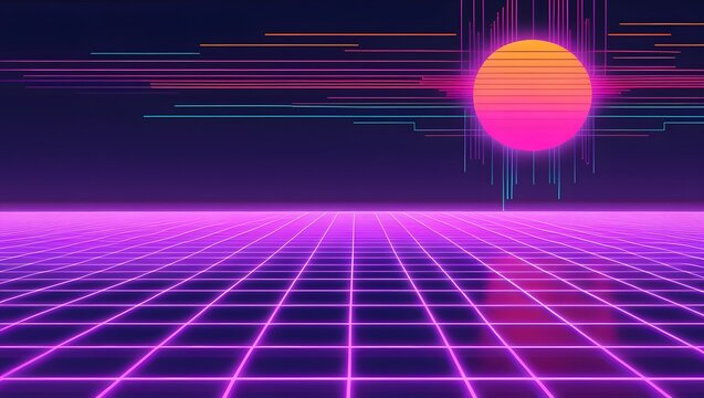 The 80s Inspired Vaporwave Cyberpunk Horizon with Glowing Neon Lines, Synthwave Sci-Fi Landscape with a Grid Floor, and Vibrant Sunset