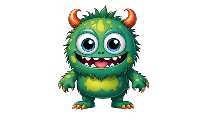 Fototapeta premium Adorable green monster cartoon character with orange horns, big eyes, and a cheerful expression, perfect for children's books, games, or branding.