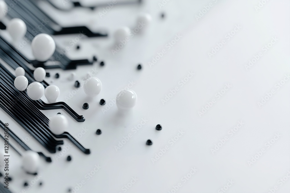 Poster abstract black circuit-like lines branch out across a clean white background, creating a dynamic lay