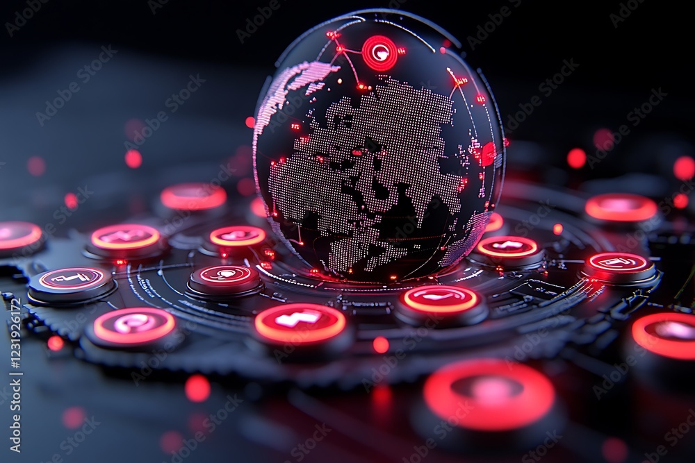 Poster global network security system with red illuminated interface