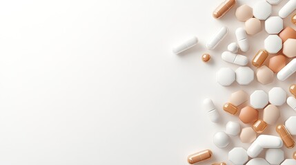 Assortment of dietary supplements arranged artistically on a clean surface highlighting various shapes and colors