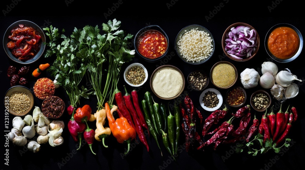 Poster a creative composition of various types of chilies displayed alongside sauces and condiments, showca