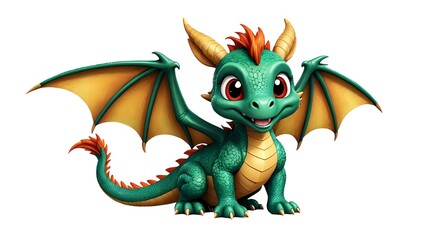 Fototapeta premium Adorable cartoon baby dragon, green scales, orange mane, large wings, friendly expression, isolated on white background. Perfect for children's books, games, and fantasy illustrations.