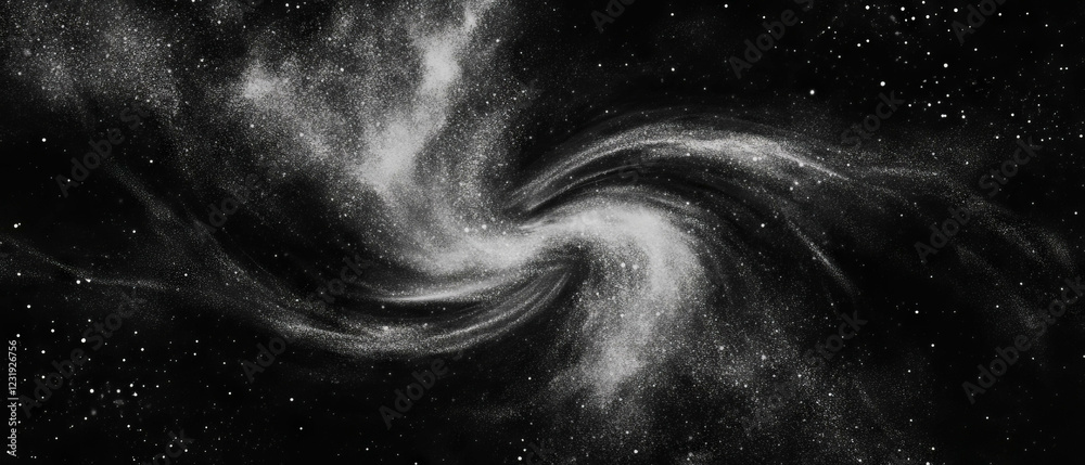 Poster swirling spiral dust patterns creating dynamic vortex effects in a black background