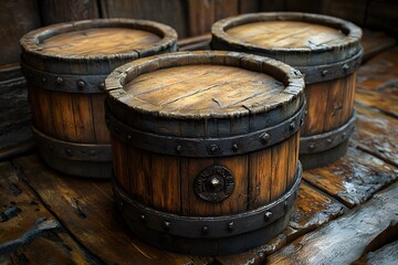 Fototapeta premium Rustic Wooden Barrels on Weathered Wooden Floor for Rustic Decor or Historical Theme Design