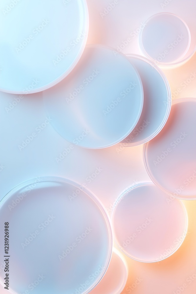 Poster frosted glass shapes in circular and rectangular forms are layered over a gentle gradient backdrop. 