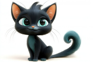 Adorable black kitten with teal eyes and a swirled tail.