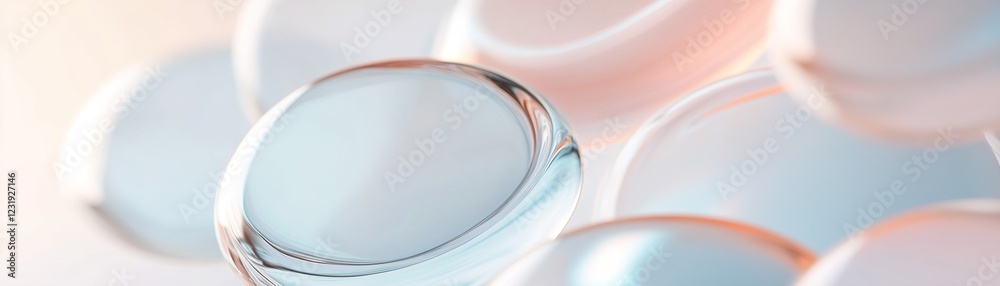 Poster abstract frosted glass shapes in various forms are layered over a muted gradient backdrop. soft illu