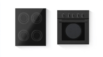 Fototapeta premium Electric stove, induction cooking panel with oven front and top view. Vector realistic set of kitchen cooker with closed and open oven door, black ceramic stovetop isolated on white background