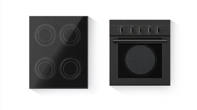 Electric stove, induction cooking panel with oven front and top view. Vector realistic set of kitchen cooker with closed and open oven door, black ceramic stovetop isolated on white background