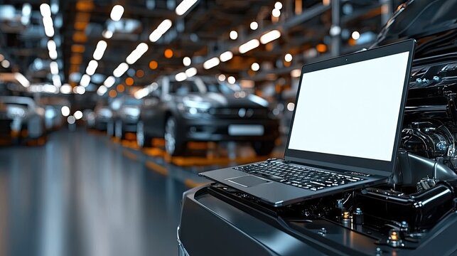Mechanic using laptop to diagnose vehicle issues in a modern automotive workshop filled with cars on a sunny afternoon
