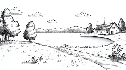 Hand drawn sketch of a picturesque lakefront cottage with rolling hills, trees, and a winding path.