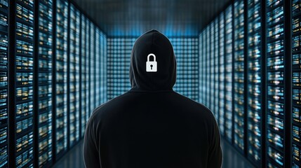 Hooded figure with a padlock symbol stands in front of a data center filled with server racks, emphasizing security and technology focus