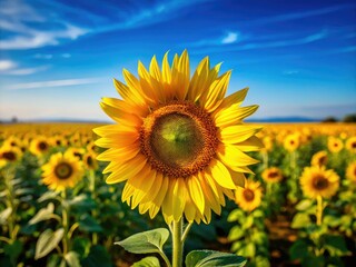 High-resolution image: a vibrant yellow sunflower field against a deep blue sky.