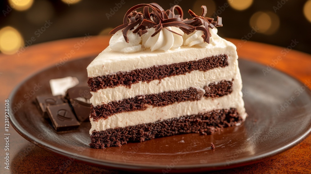 Poster A delicious slice of chocolate cake with layers visible, topped with glossy chocolate frosting and decorative chocolate curls on a rustic plate