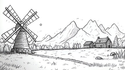 Fototapeta premium Hand drawn sketch of a windmill, farmhouse and mountains in a field.