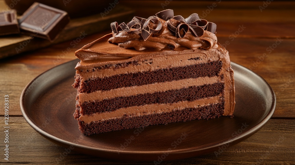 Poster A delicious slice of chocolate cake with layers visible, topped with glossy chocolate frosting and decorative chocolate curls on a rustic plate