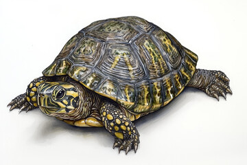 Obraz premium Detailed illustration of a turtle, showcasing its shell's intricate pattern and textured limbs.