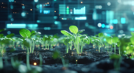 Innovative growth of plant sprouts in a digital environment with data visuals enhancing agricultural technology