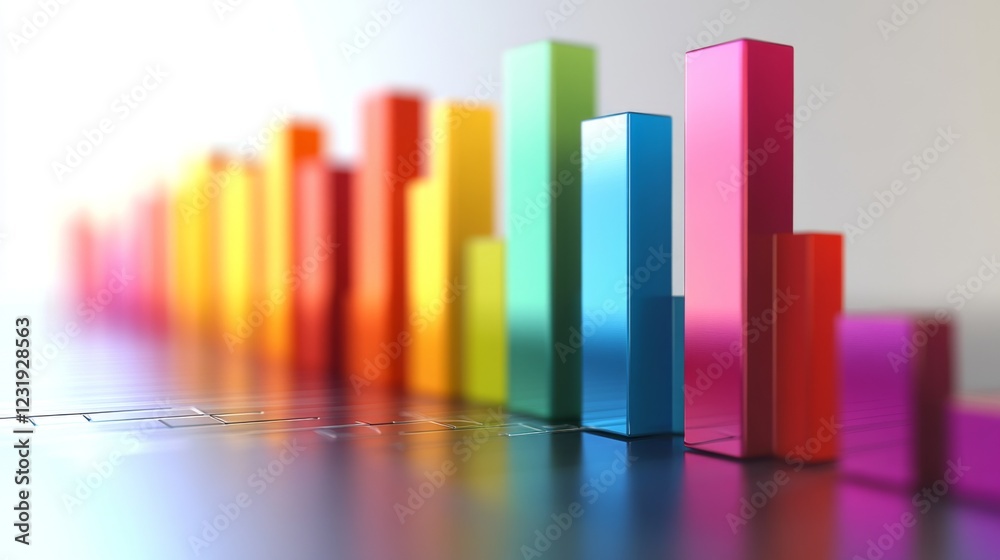 Poster a detailed d bar graph with vibrant, multicolored bars, representing data trends in a business prese
