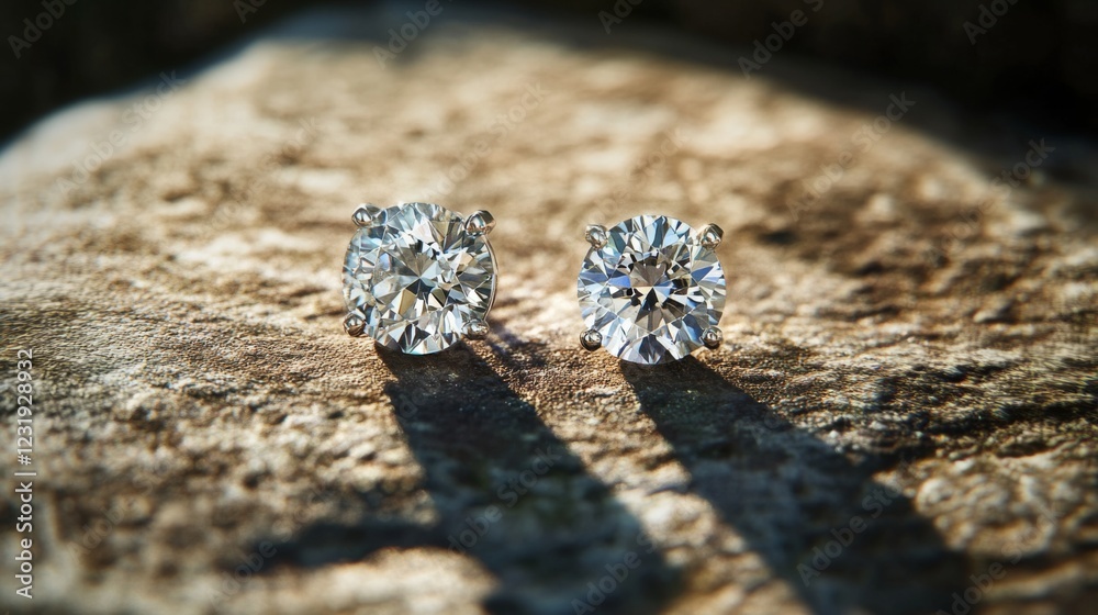 Leinwandbilder a detailed macro view of a pair of classic diamond earrings resting on a textured surface, with soft