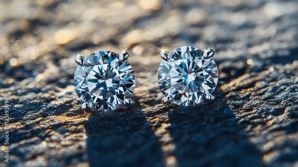 Leinwandbilder a detailed macro view of a pair of classic diamond earrings resting on a textured surface, with soft