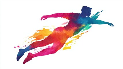 Fototapeta premium A Watercolor of silhouette of a man in motion, surrounded by colorful splashes, representing energy and creativity.