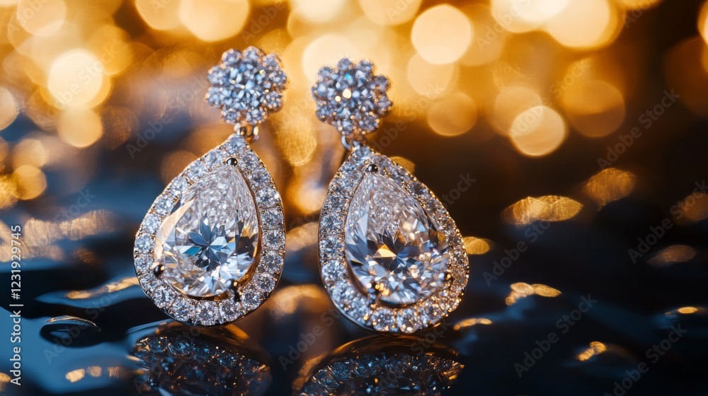 Aufkleber a detailed shot of a pair of diamond earrings with a unique design, captured with a macro lens to em