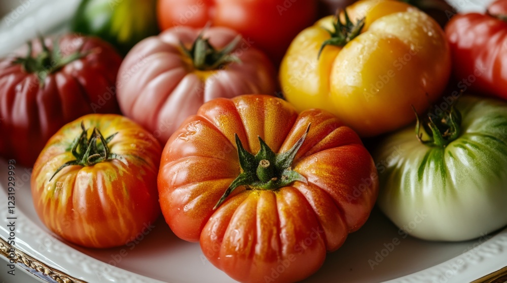 Poster a detailed shot of heirloom tomatoes with unique colors and patterns, placed on a white plate to emp
