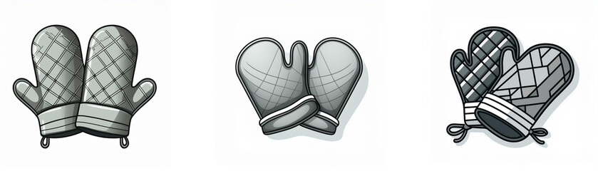 Three grayscale illustrations of oven mitts; quilted, single, and patterned designs.  They're perfect for cooking or baking.
