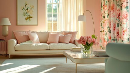 Fototapeta premium Relaxing Living Room with Floral Accents and Soft Color Palette