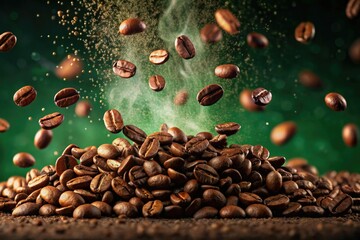 Obraz premium Immersive 4K slow-motion animation: roasted coffee beans, swirling dust, dark green backdrop. 3D rendered, urban-inspired.