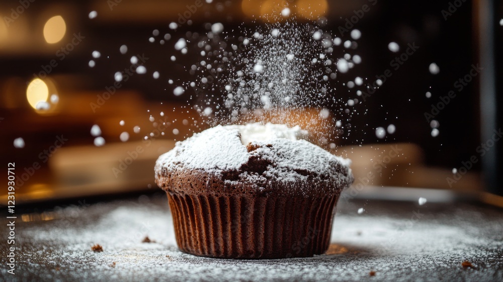 Poster a dramatic shot of a chocolate souffl rising in the oven, with a rich brown color and a dusting of p