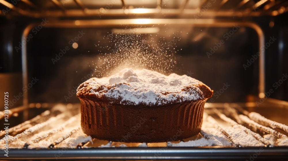Poster a dramatic shot of a chocolate souffl rising in the oven, with a rich brown color and a dusting of p