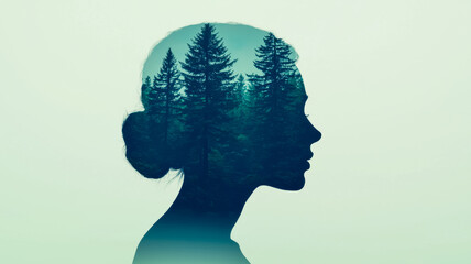 A double exposure silhouette of a woman blends with a serene forest landscape, symbolizing harmony between nature and the human spirit.