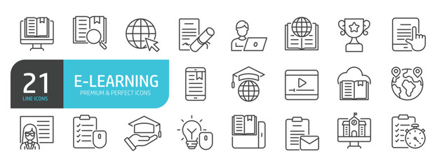 Set of line icons related to e-learning, school, study. Outline icons collection. Editable stroke. Vector illustration.