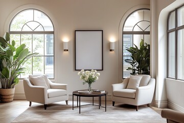 Fototapeta premium Luxurious Beige Living Room with Arch Windows and Cozy Seating