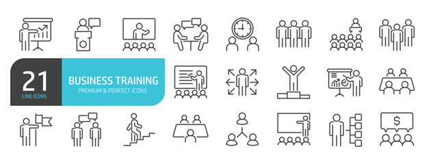 Set of line icons related to training, workshop, coaching, presentation. Outline icons collection. Editable stroke. Vector illustration.