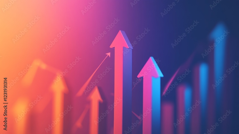 Poster a dynamic d bar graph with arrows pointing upward, set against a gradient background, symbolizing da