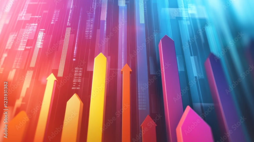 Poster A dynamic D bar graph with arrows pointing upward, set against a gradient background, symbolizing data trends, economic growth, and financial success.