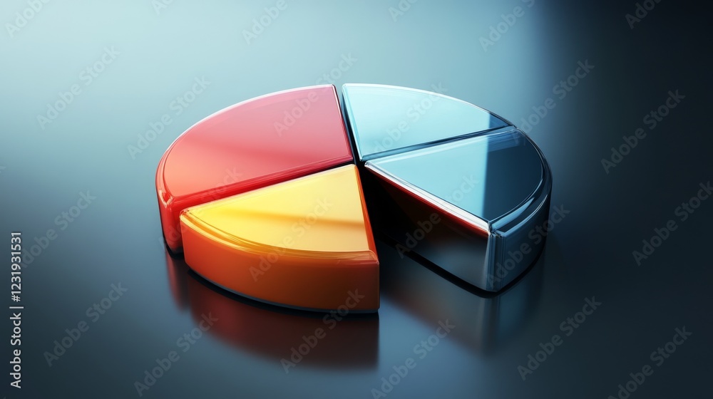 Poster a dynamic d pie chart with metallic segments, arranged on a reflective surface, representing financi