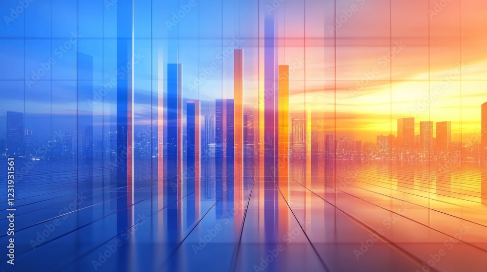 Poster a dynamic bar graph with tall, shiny bars in blue and orange, standing on a reflective grid, symboli