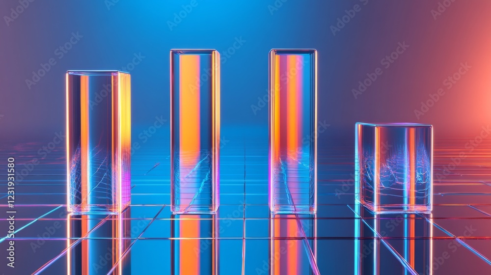 Poster a dynamic bar graph with tall, shiny bars in blue and orange, standing on a reflective grid, symboli