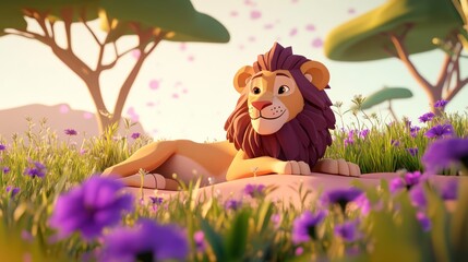 Obraz premium Cartoon lion resting in savannah sunrise