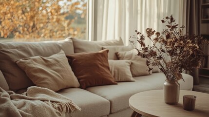 Cozy living room with soft textures and warm autumn light coming through large windows in a serene setting